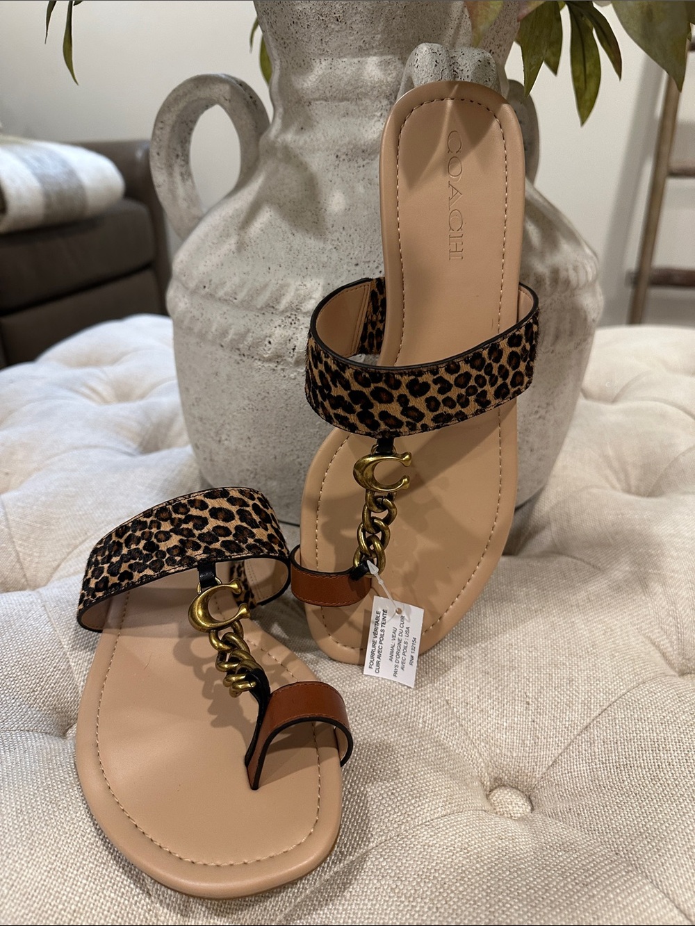 Coach Leopard-Print & Tan Chain-Accent Toe-Ring Sandals